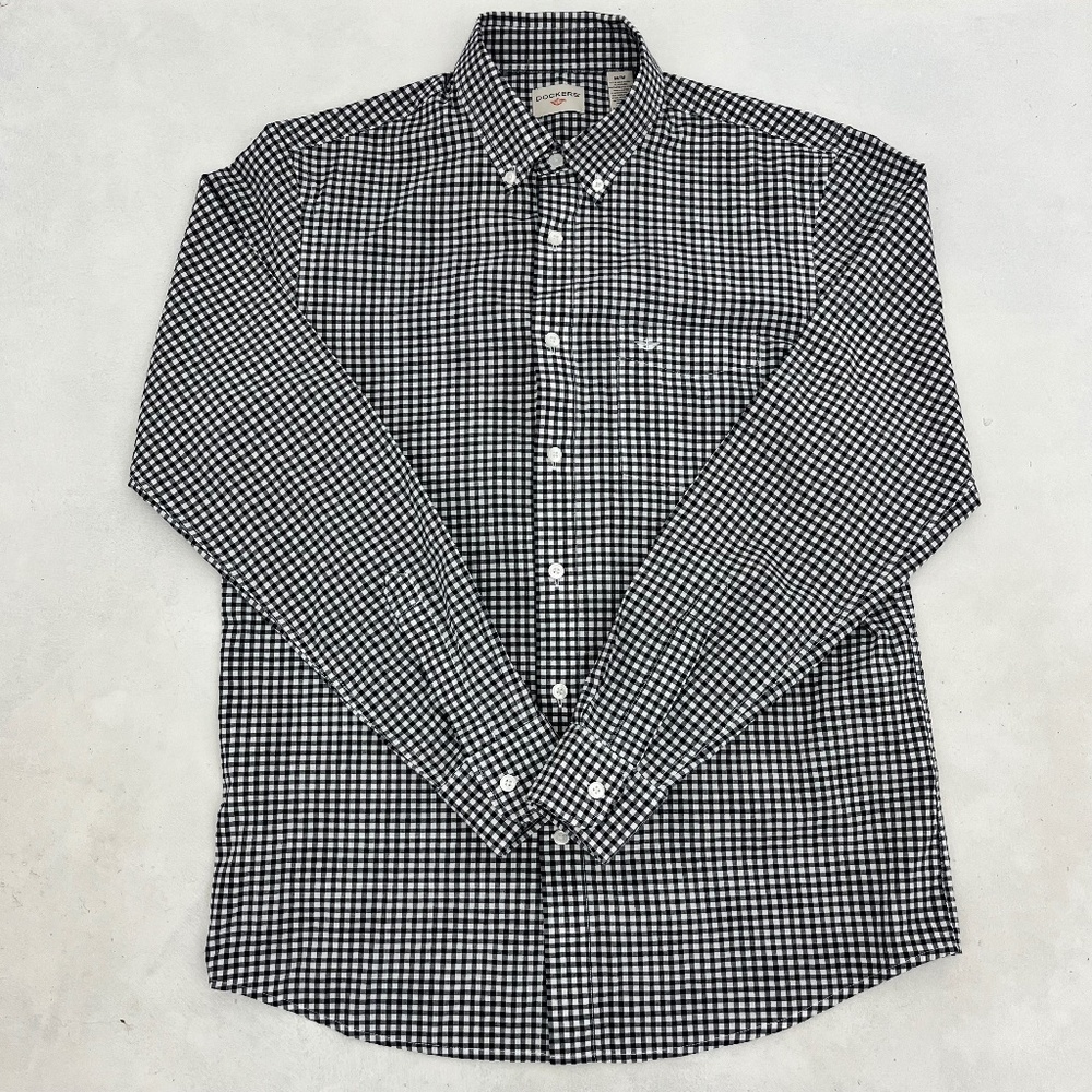 Dockers Mens‎ Size M Button Down Shirt Navy Blue White Plaid Long Sleeve Outdoor